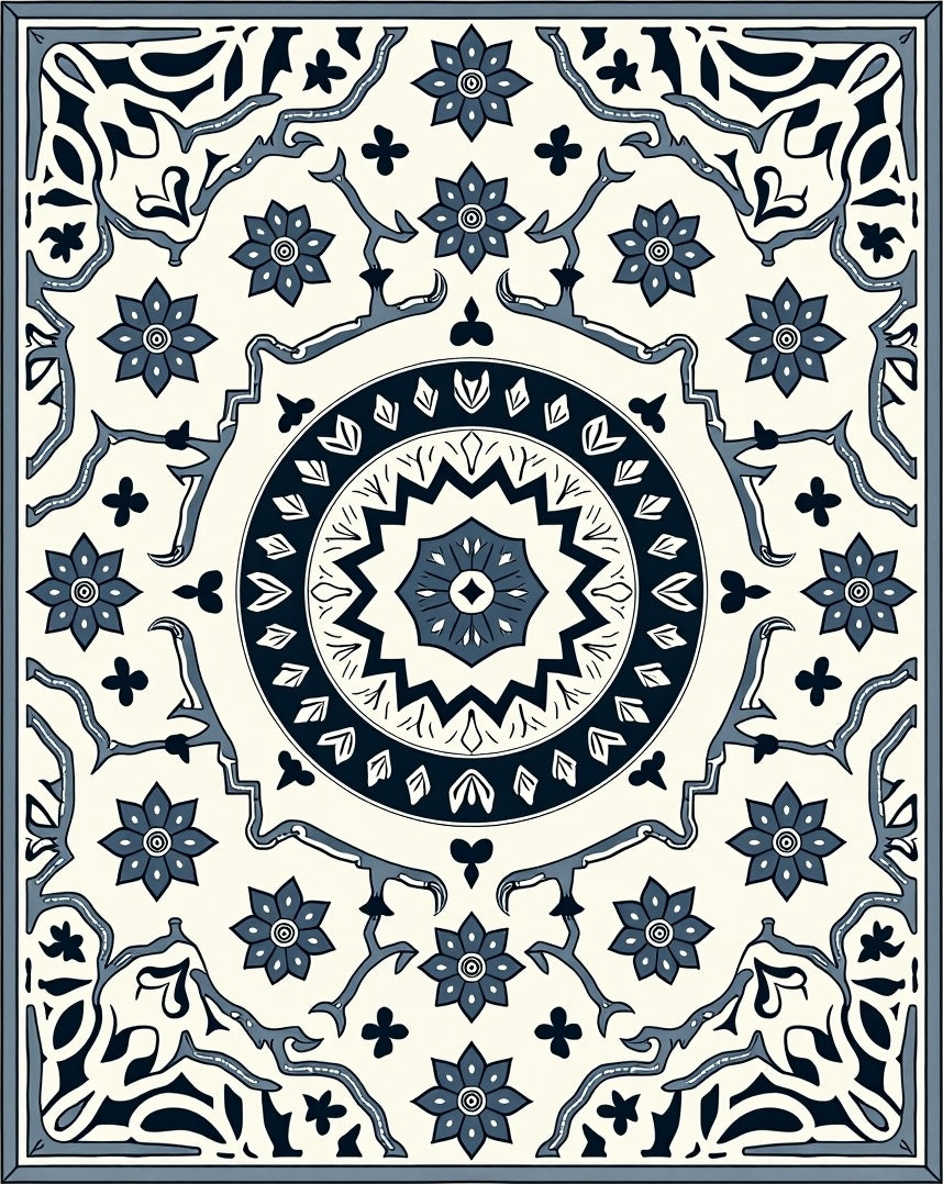 Navy Blue Floral Intricate Medallion Rug