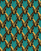 Art Deco Teal Gold Floral Pattern Rug