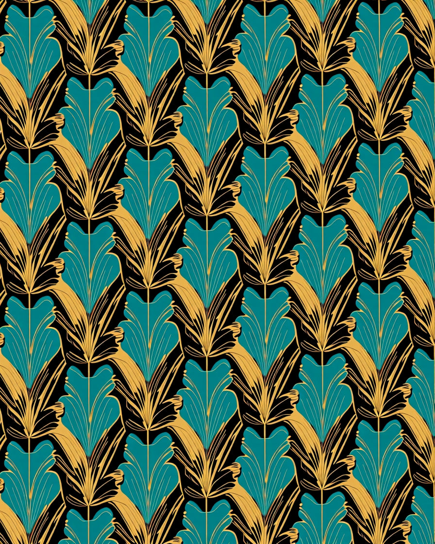 Art Deco Teal Gold Floral Pattern Rug