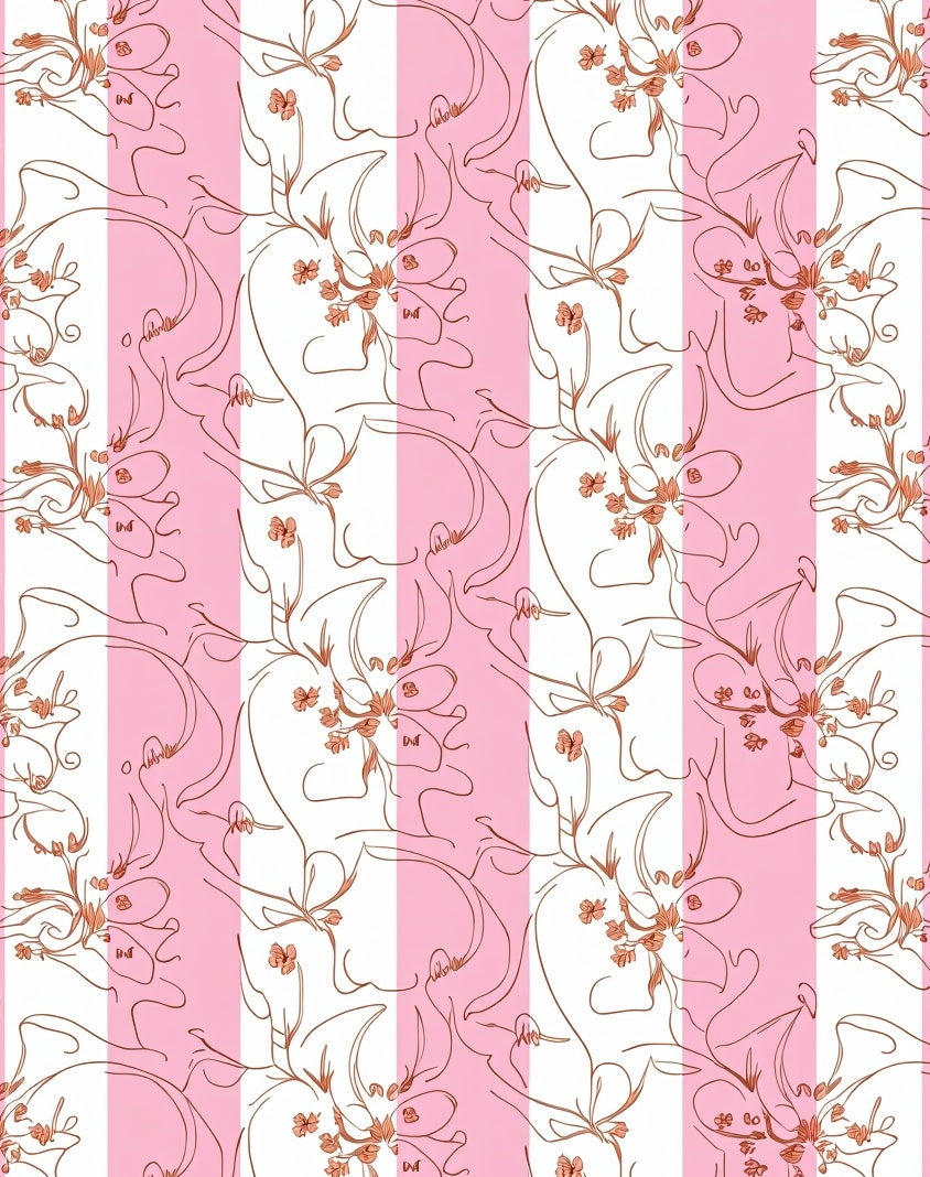 Pink White Stripe Floral Line Art Rug