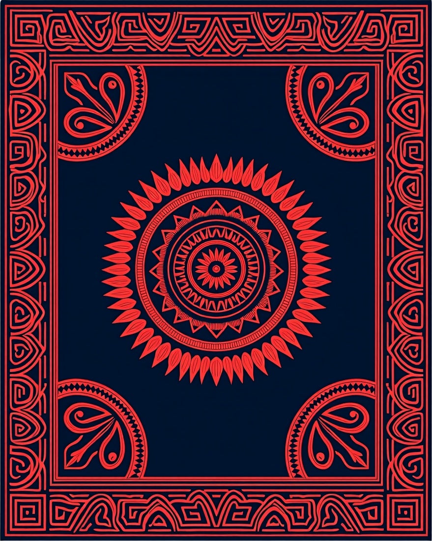 Red Mandala Geometric Frame Rug
