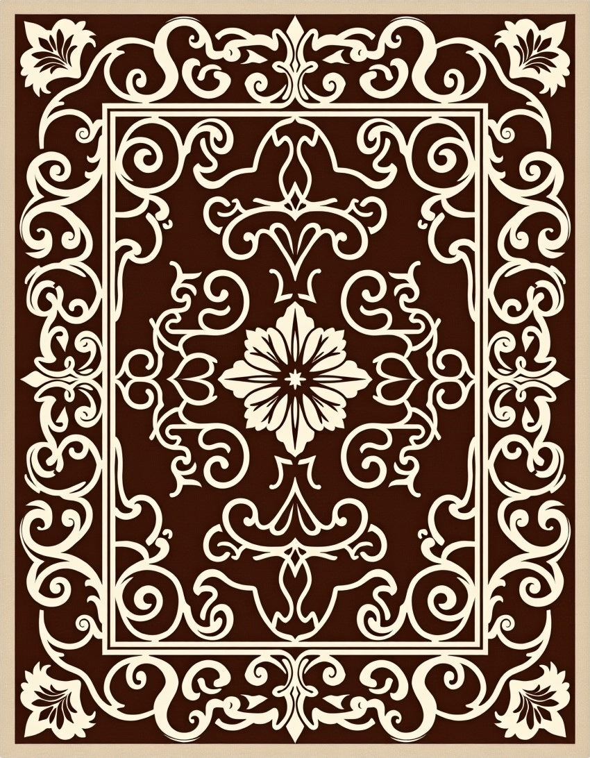 Elegant Scrollwork Floral Brown Rug