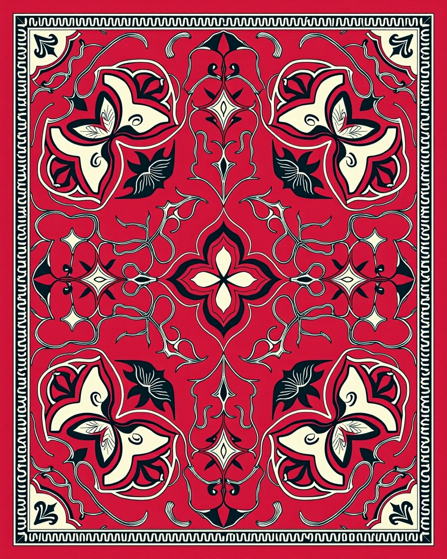 Red Floral Vine Intricate Pattern Rug