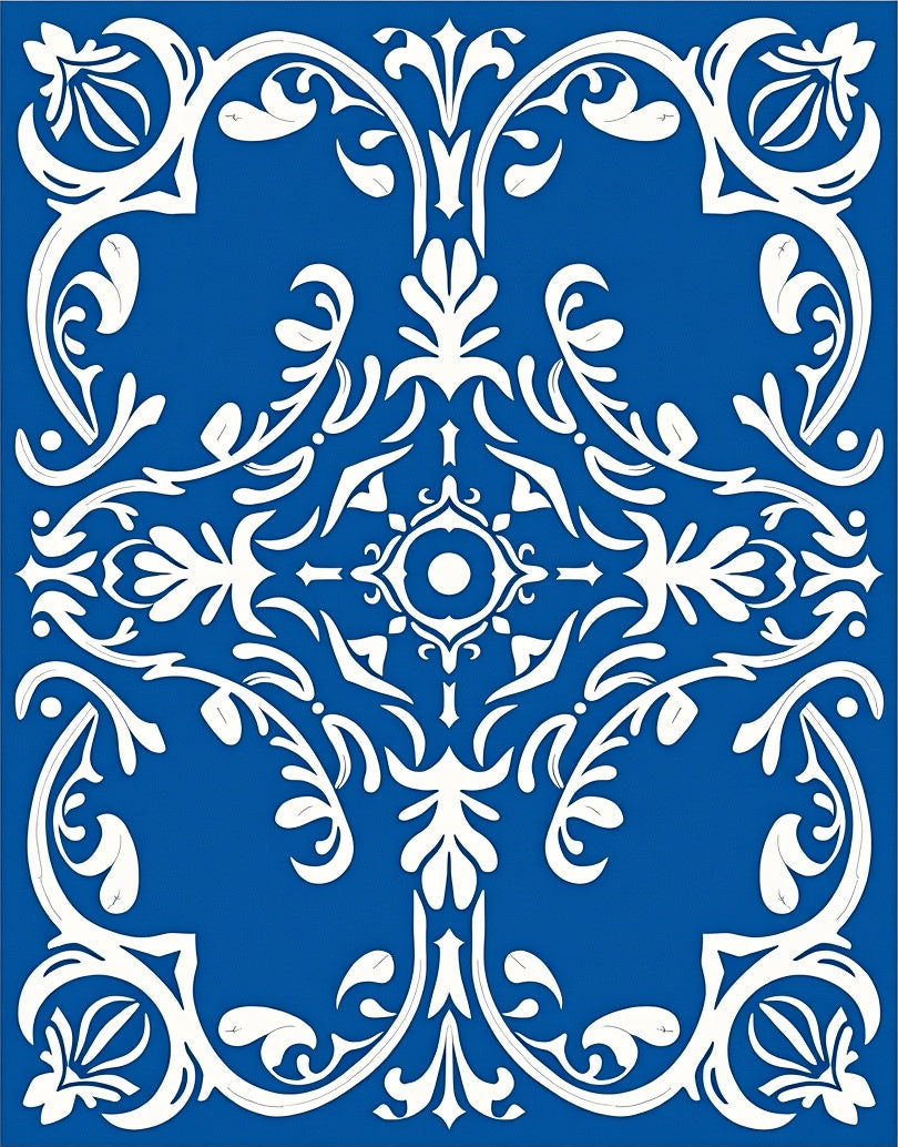 Bold Blue White Floral Scroll Rug