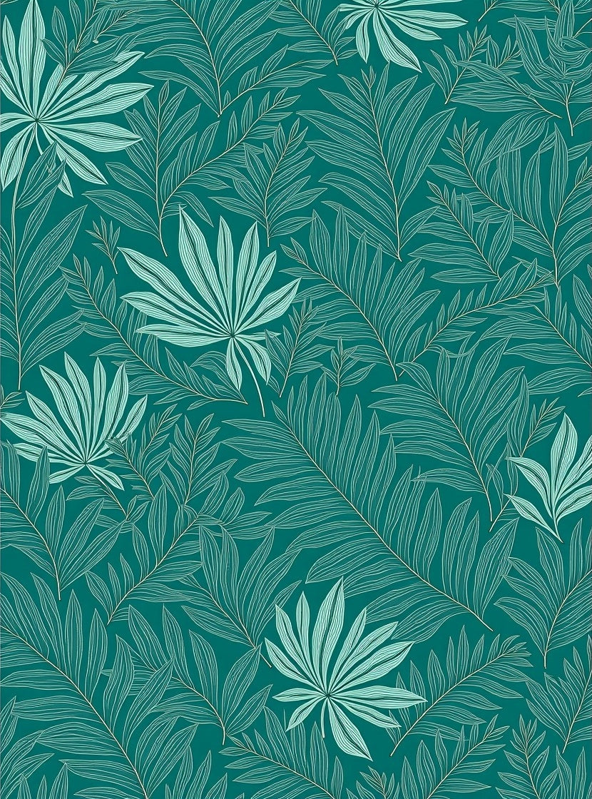 Teal Tropical Leaf Outline Pattern Rug