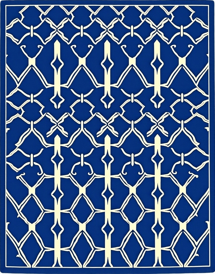 Intricate Blue Golden White Lattice Rug