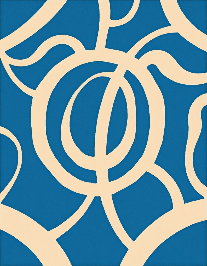 Abstract Cream Swirls on Blue Rug