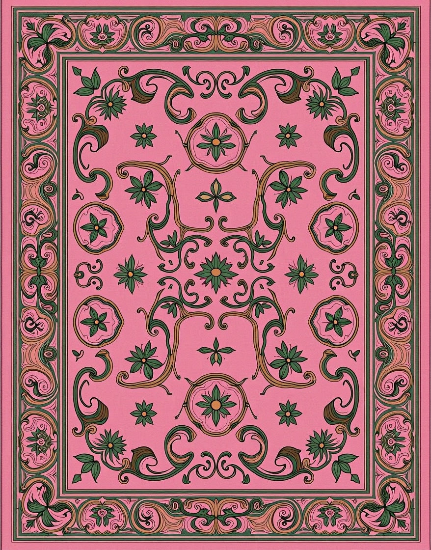 Pink Floral Swirls Detailed Pattern Rug