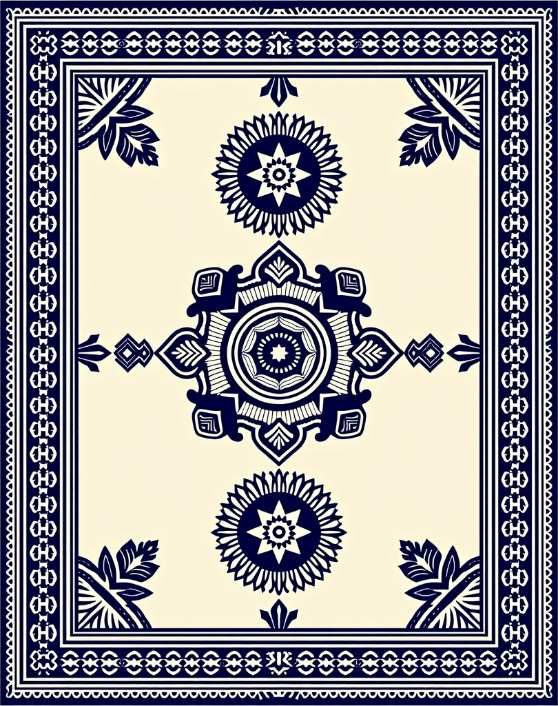 Elegant Blue And Cream Medallion Design Rug