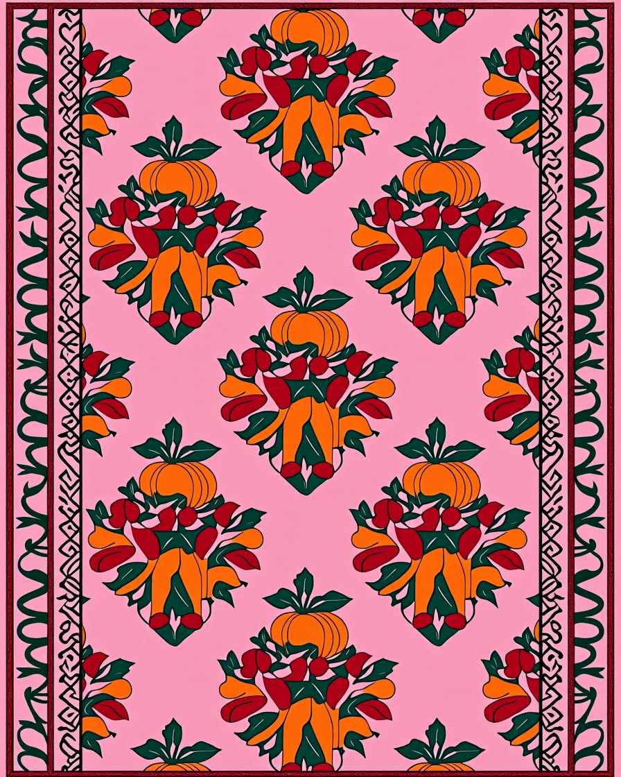 Pink Pumpkin Botanical Medallion Border Rug