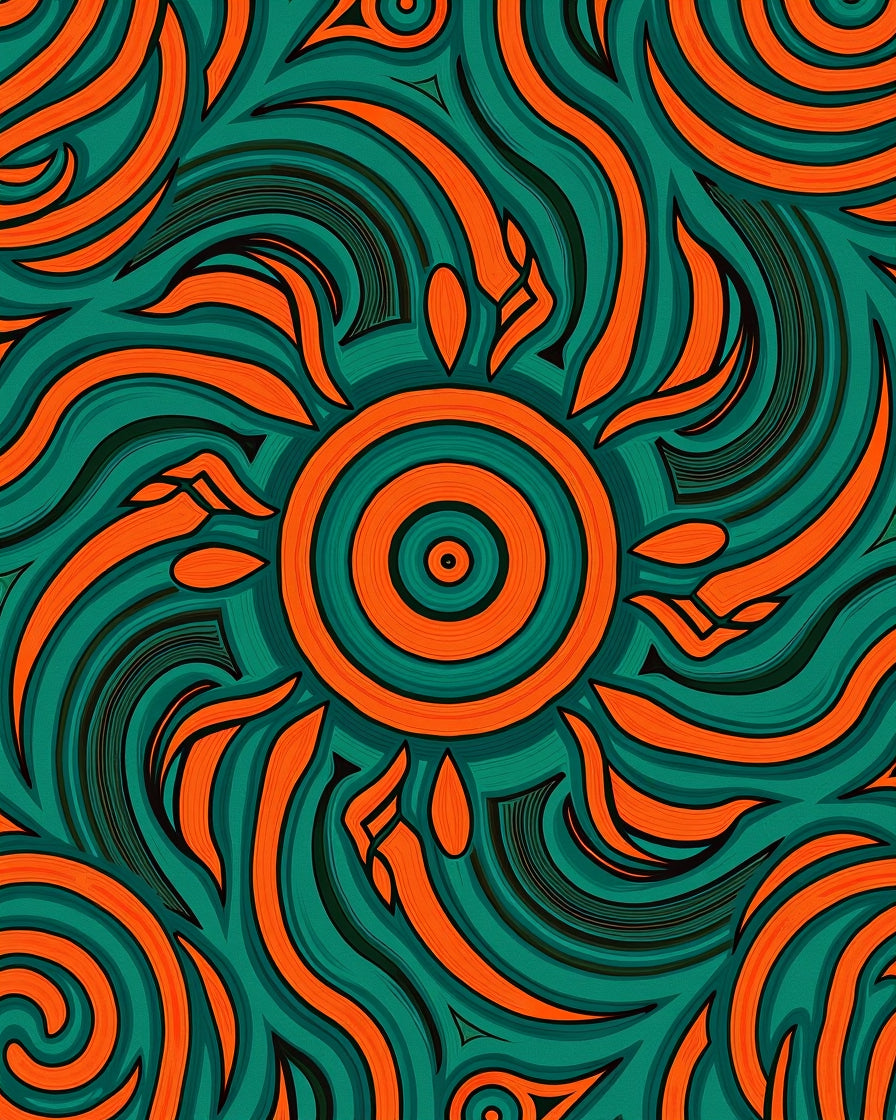 Intricate Orange Swirls Teal Design Rug