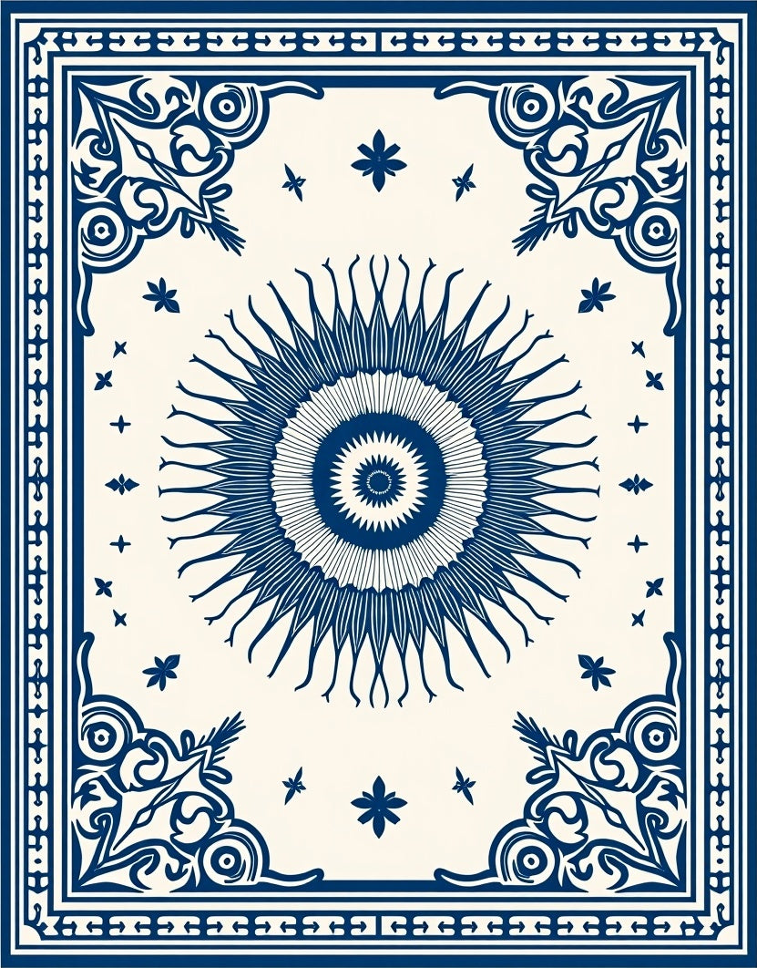 Classic Sunburst Ornamental Blue Pattern Rug