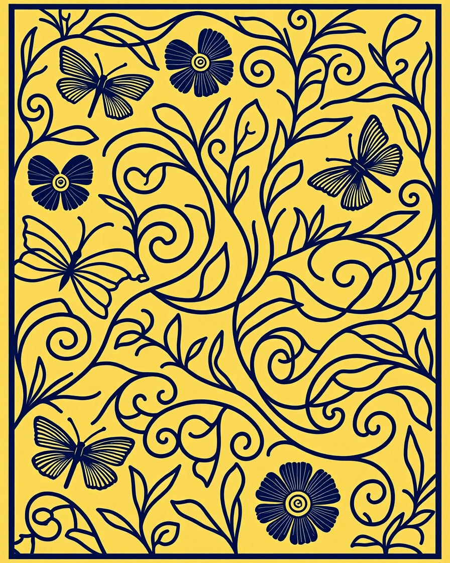 Blue Floral Butterflies On Yellow Background Rug