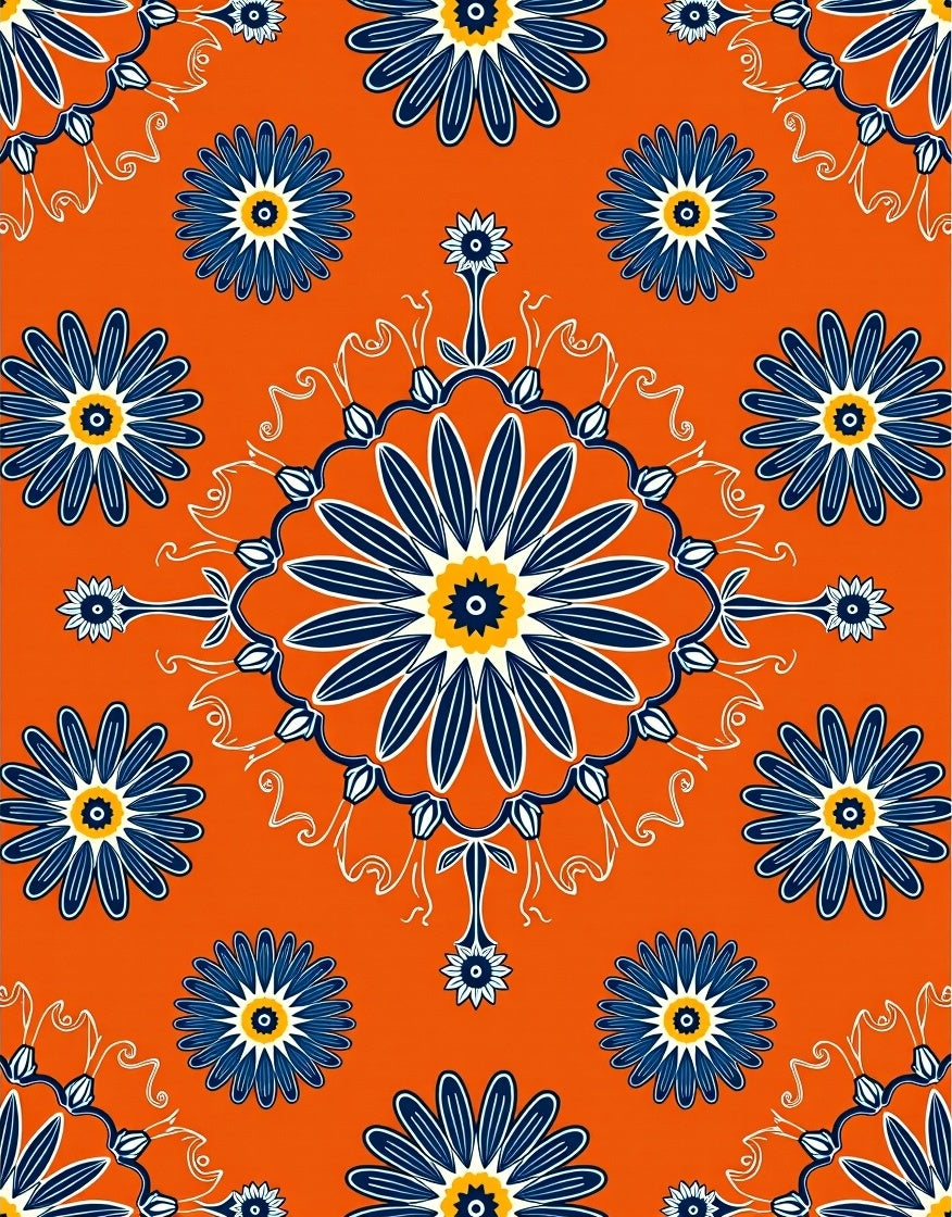Bold Blue Floral Orange Pattern Rug