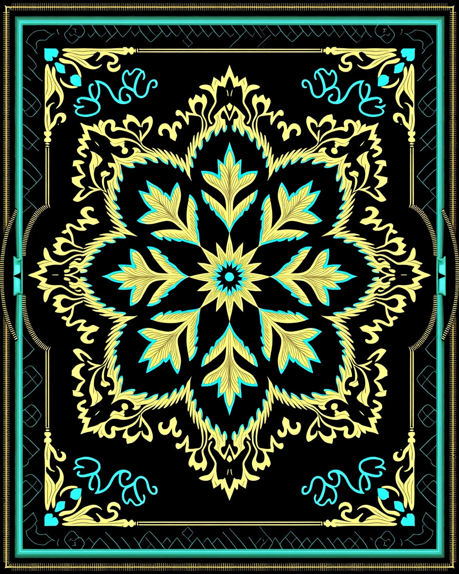 Elegant Black Gold Teal Mandala Design Rug