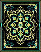 Elegant Black Gold Teal Mandala Design Rug