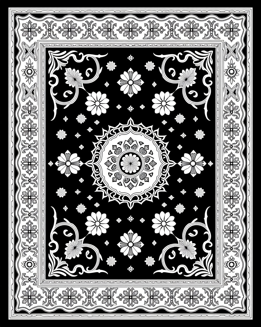 Intricate Floral Mandala Black and White Rug