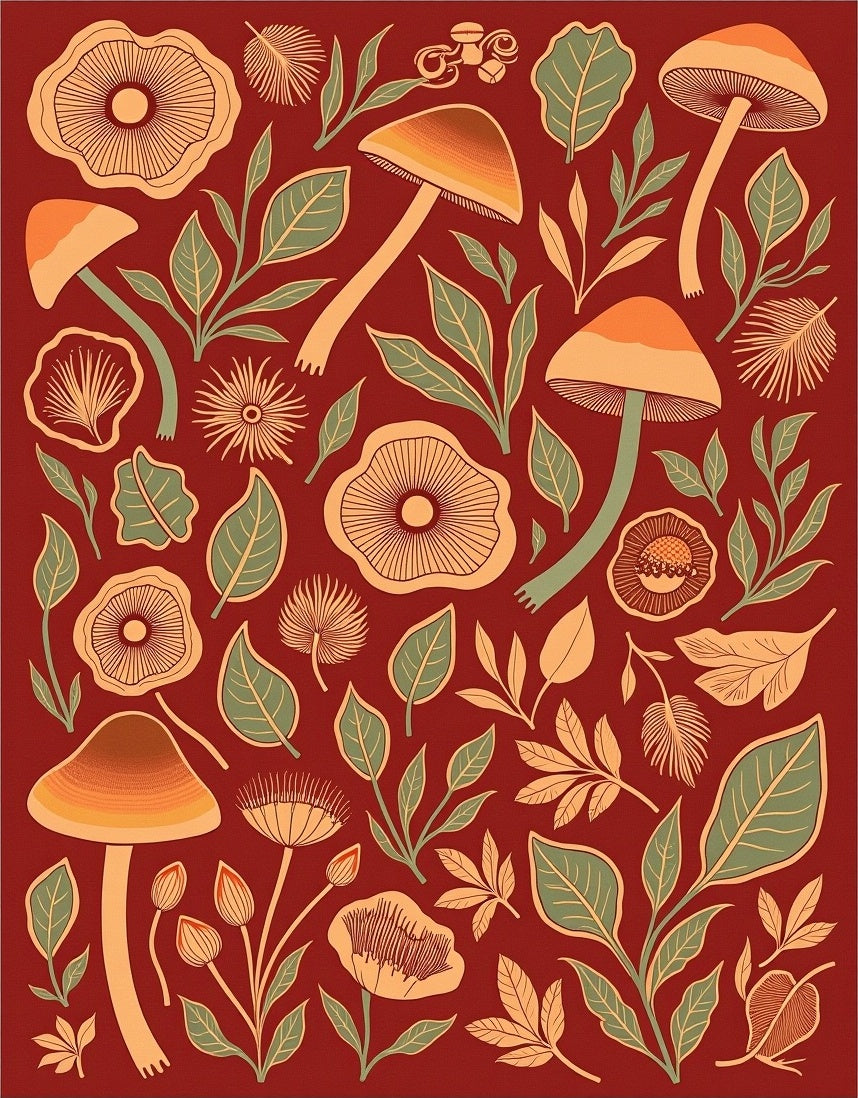 Mushroom and Leaf Garden Pattern Rug