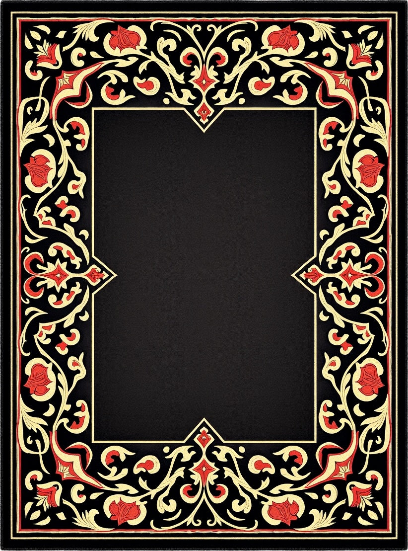 Black Floral Red Swirls Rug