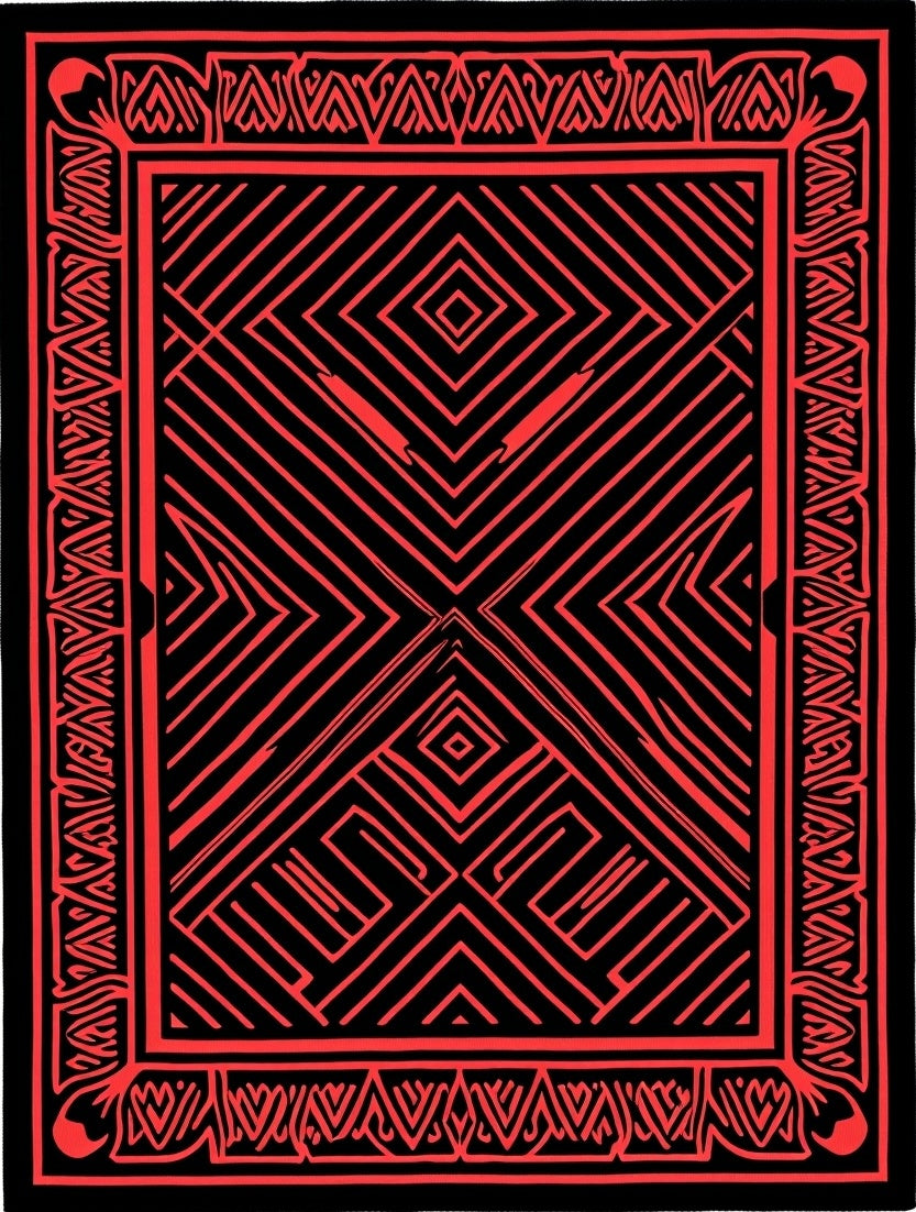 Bold Red Geometric Tribal Design Rug
