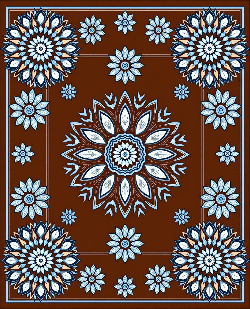 Floral Medallion Patterned Brown Rug