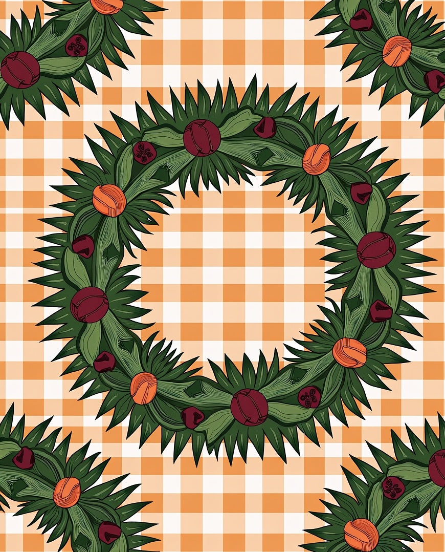 Green Wreath with Berries Orange Gingham Rug
