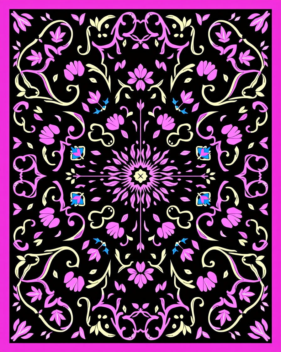 Pink Floral Scrolling Black Pattern Rug