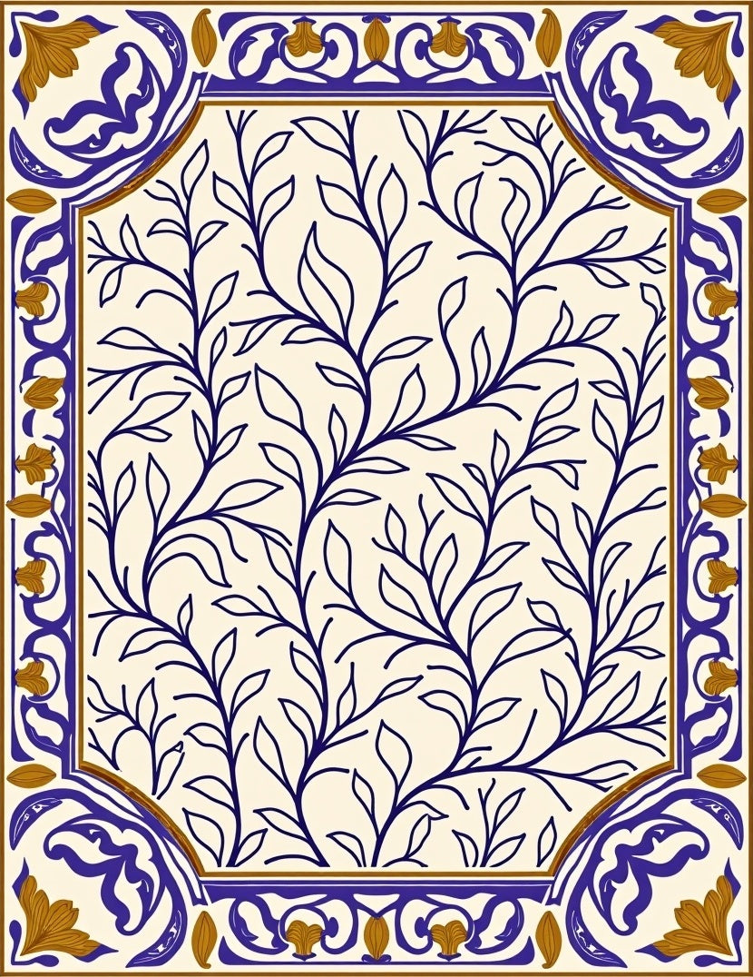Blue Nature Branch Border Design Rug