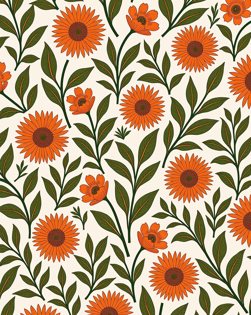 Vibrant Orange Floral Botanical Print Rug
