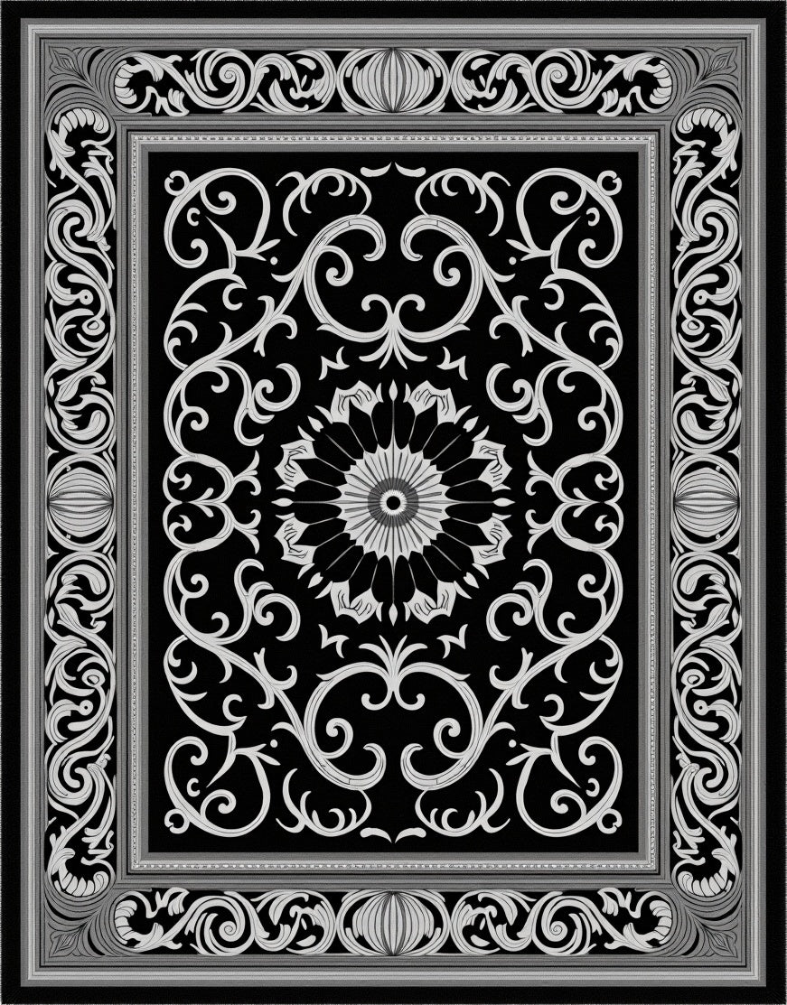 Black White Ornate Scrollwork Rug