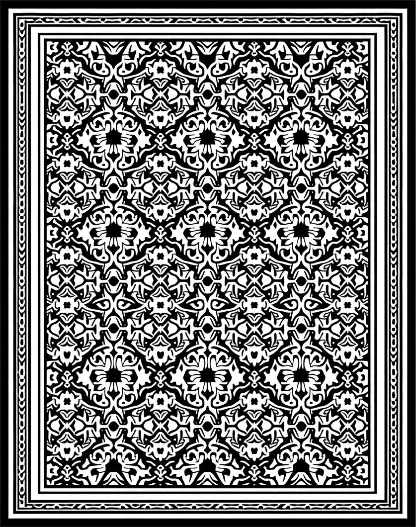 Ornate Black and White Floral Pattern Rug
