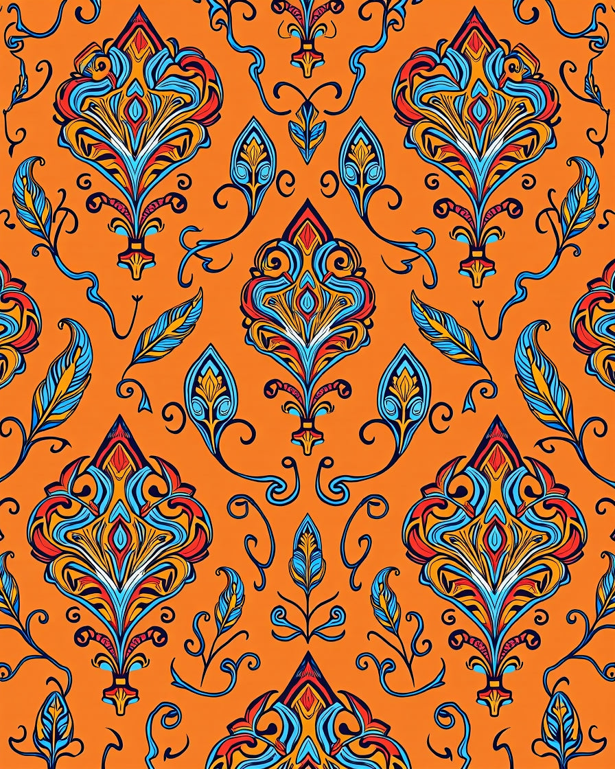 Vibrant Orange Floral Damask Rug