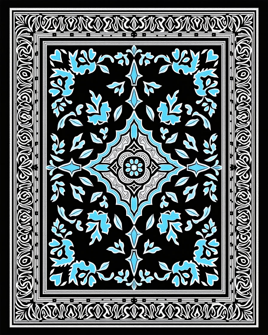 Black Blue Floral Medallion Pattern Rug