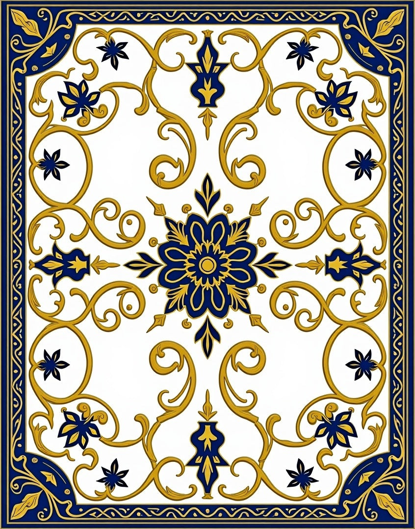 Ornate Blue Gold Floral Scroll Design Rug