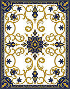 Ornate Blue Gold Floral Scroll Design Rug