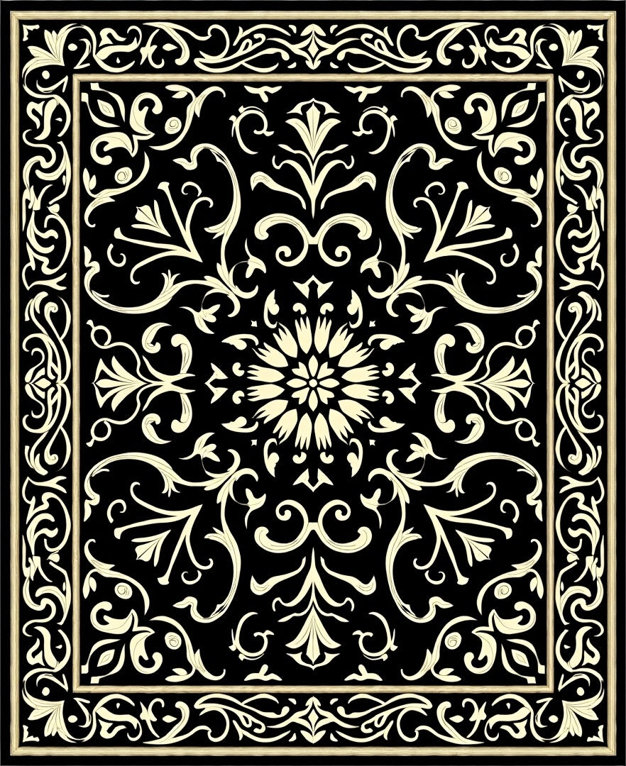 Black Cream Scrollwork Floral Pattern Rug