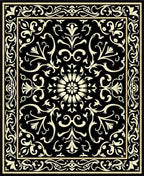 Black Cream Scrollwork Floral Pattern Rug