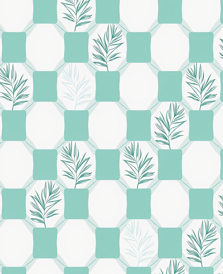 Teal Leaf Geometric Grid Pattern Rug