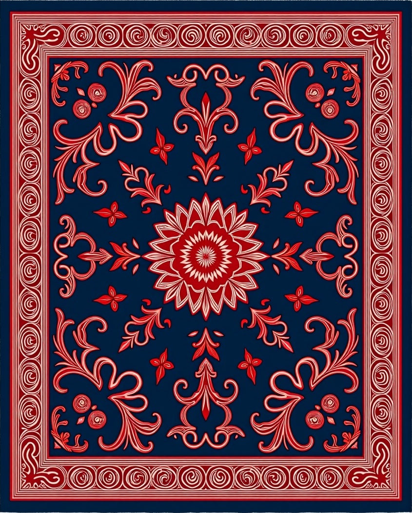 Vibrant Red Navy Floral Scroll Rug