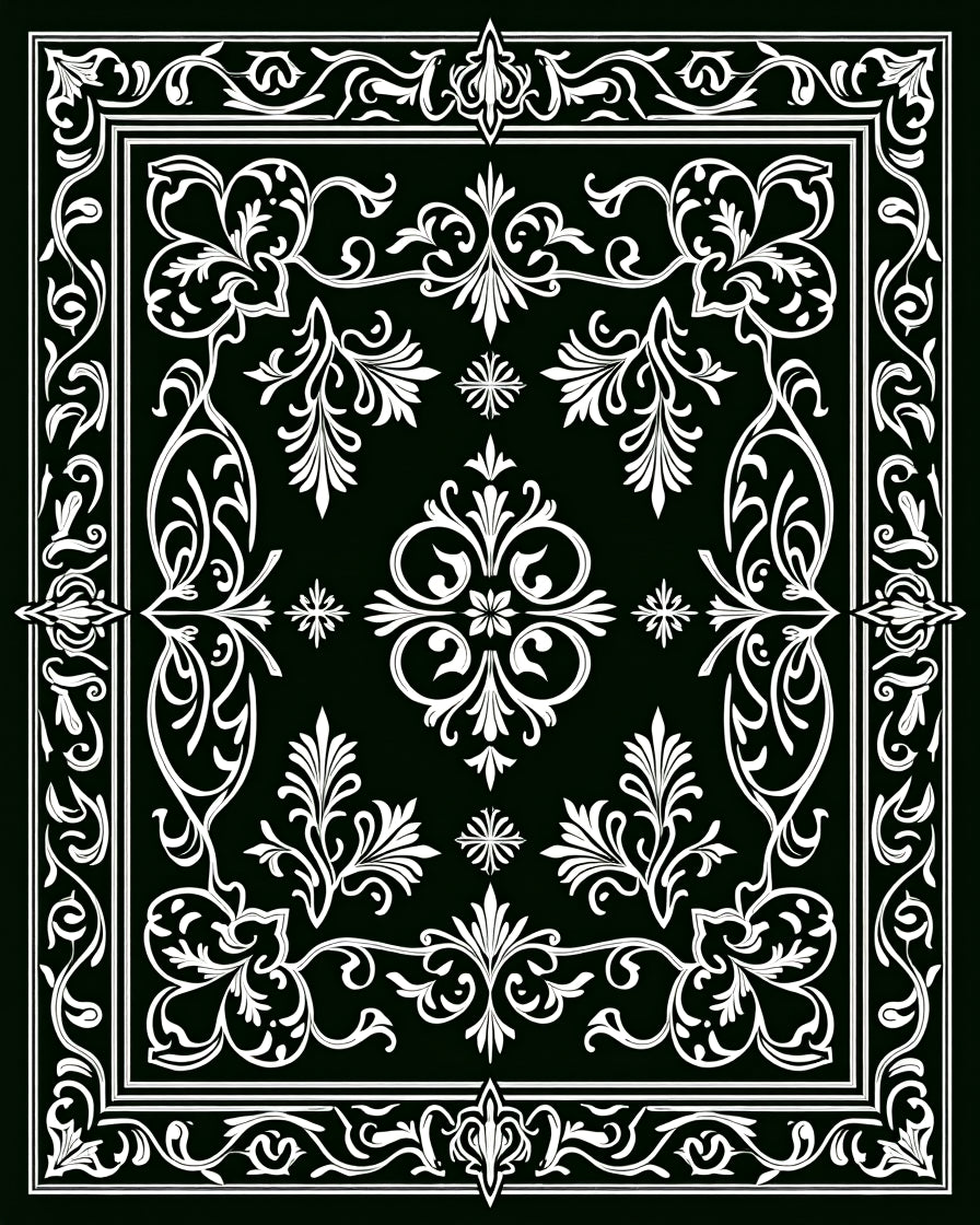 Elegant Black White Floral Scroll Rug