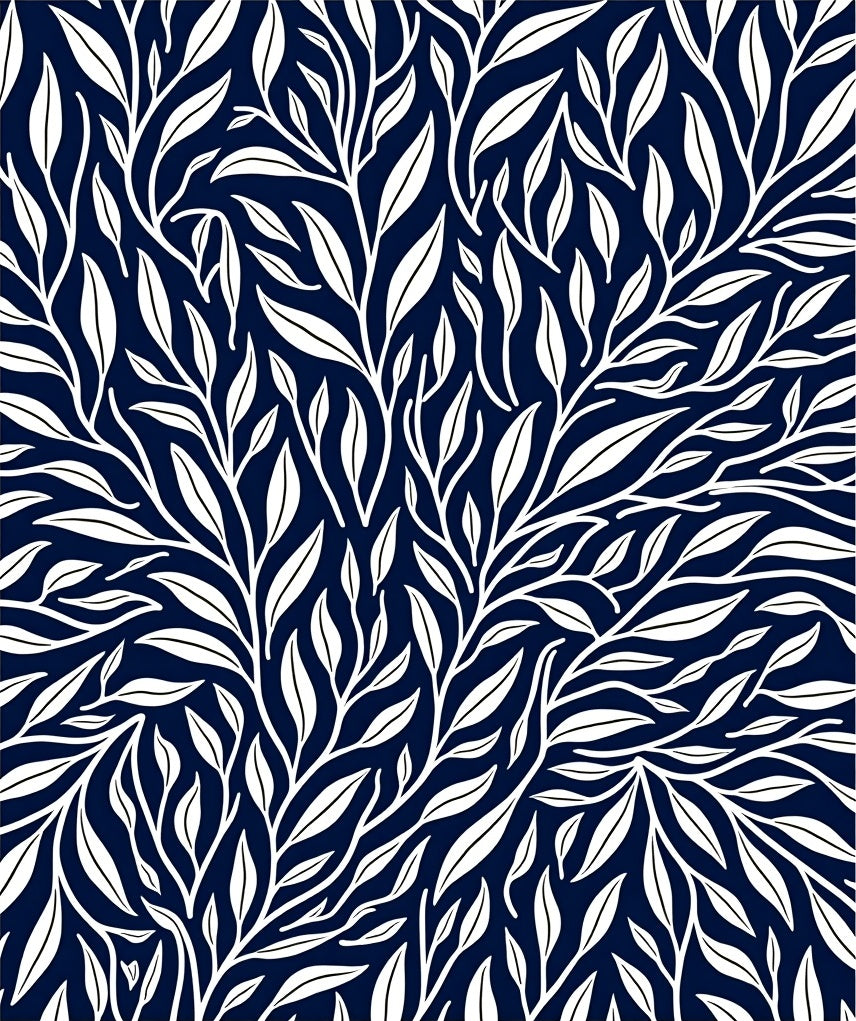 Dark Blue White Leafy Branch Pattern Rug