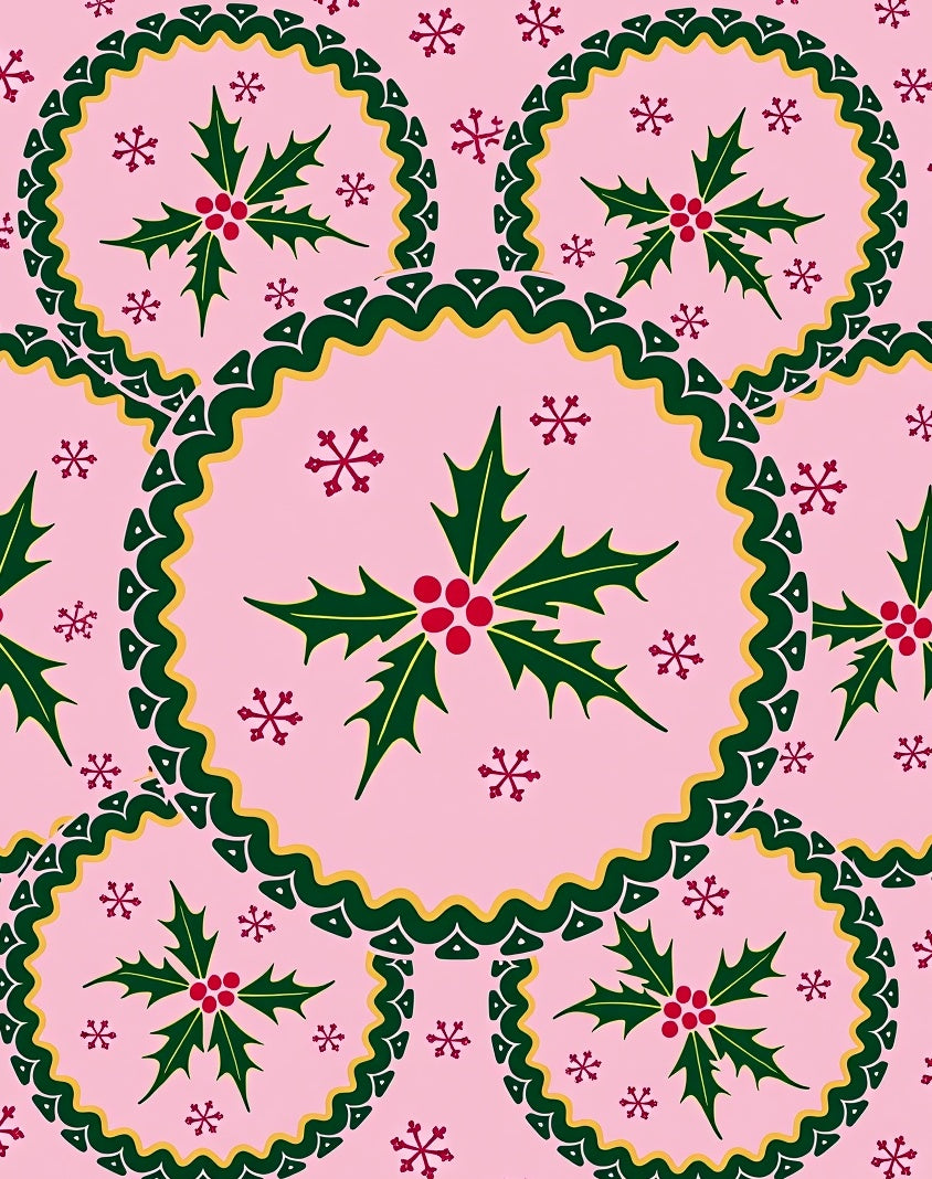 Pink Christmas Holly Snowflake Medallions Rug