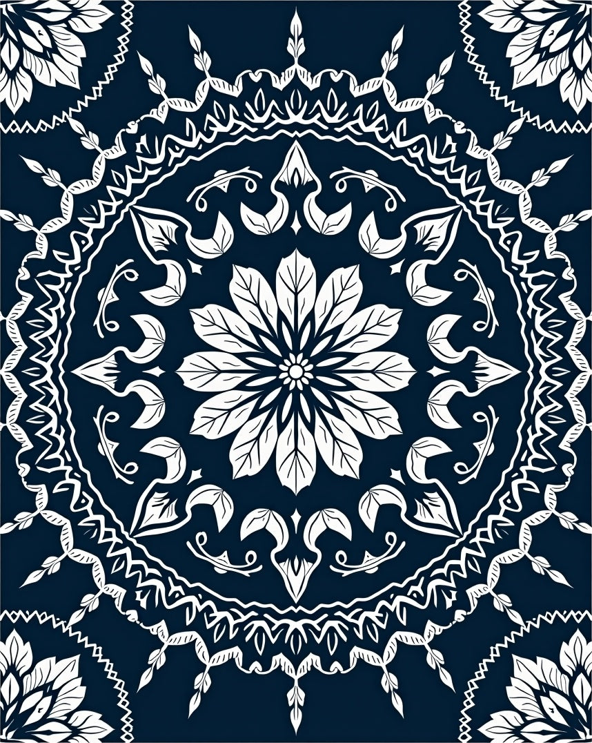 Dark Blue Intricate Floral Mandala Design Rug