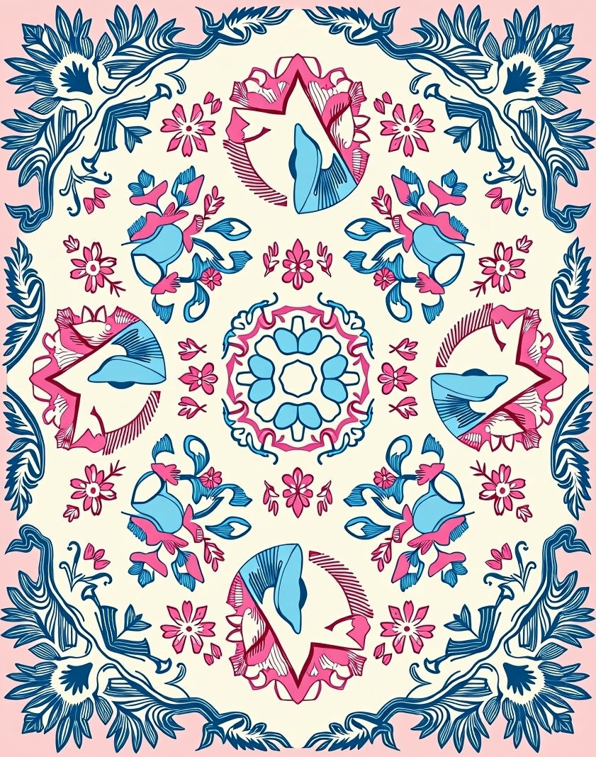 Pink Blue Floral Medallion Garden Elements Rug