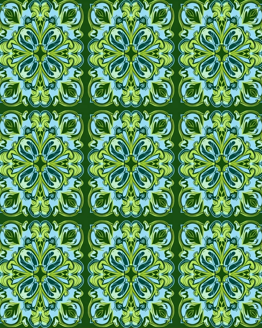 Green Blue Floral Ornate Pattern Rug