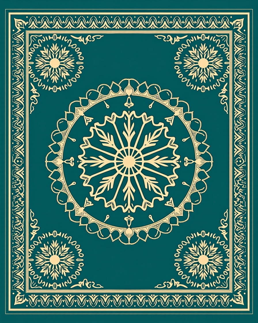 Deep Teal Sunburst Mandala Border Rug