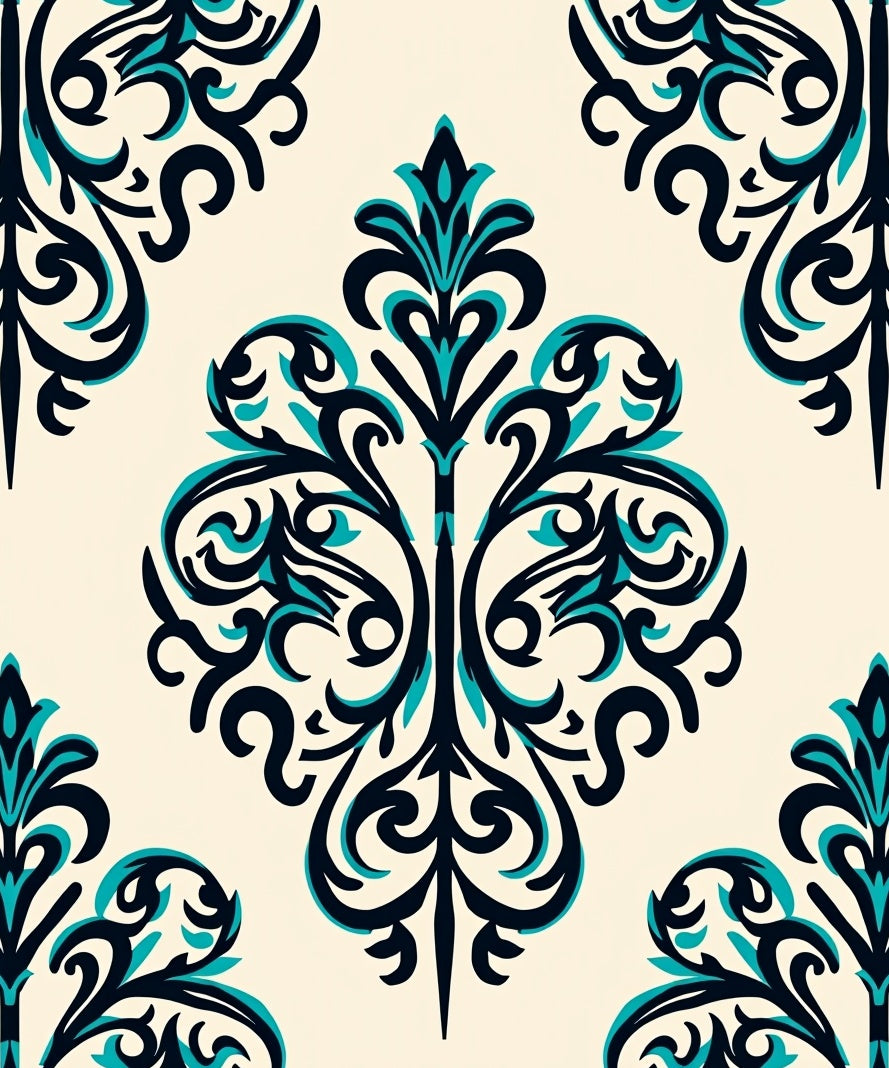 Classic Teal Navy Damask Pattern Rug