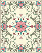 Elegant Pink Teal Floral Scrollwork Design Rug