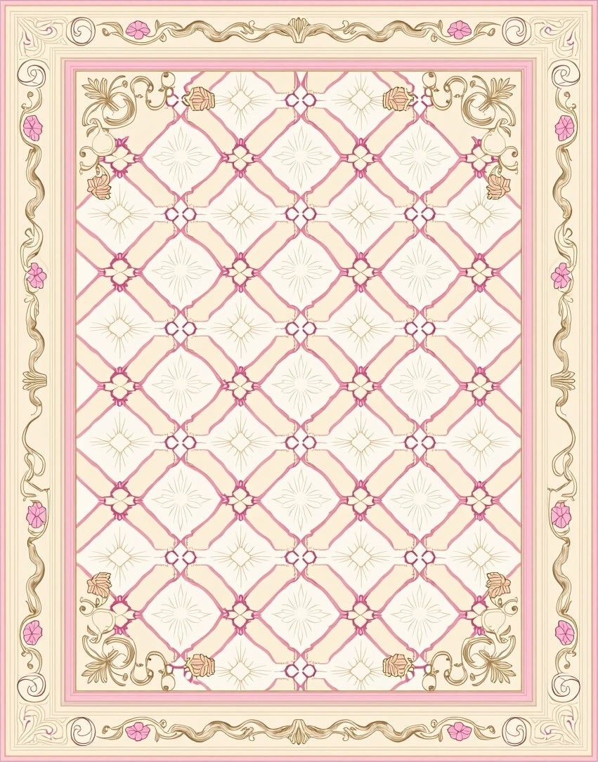 Ornate Pink Floral Diamond Pattern Rug
