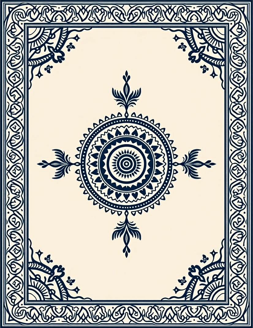 Elegant Navy Blue Mandala Border Rug